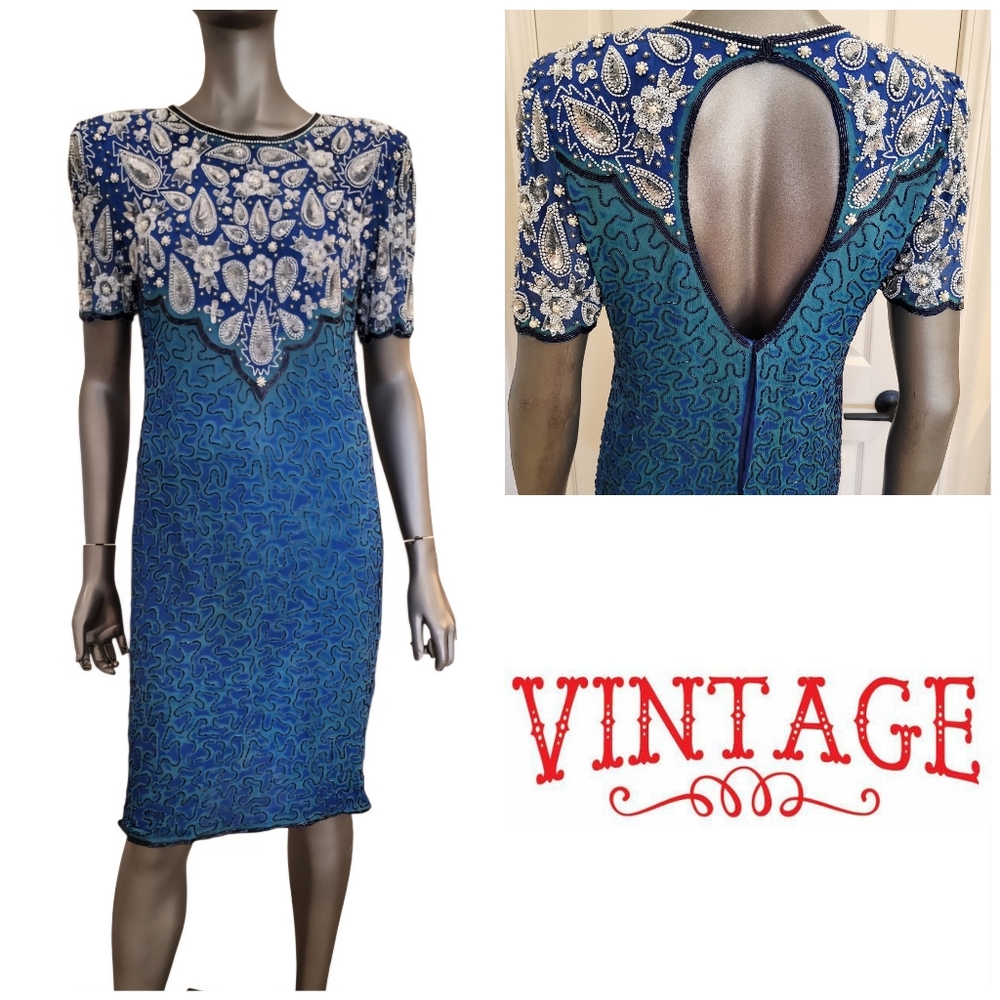 389. Vtg. Laurence Kazar Turquoise Blue and Silver Embellished Dress - Size XL